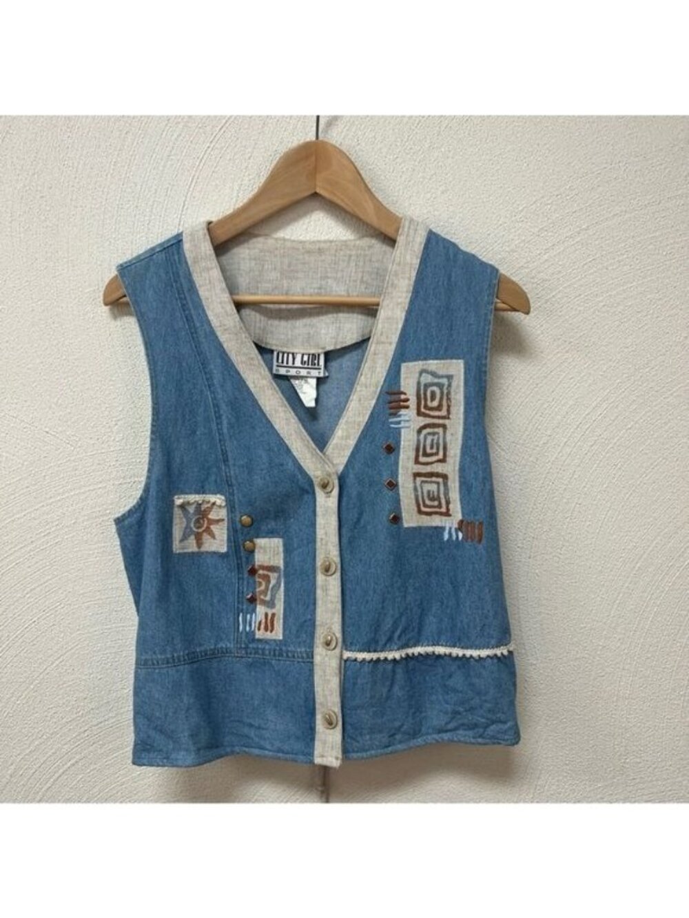 Vintage City Girl Sport Western Blue Denim Vest w/ Patchwork Sz 12